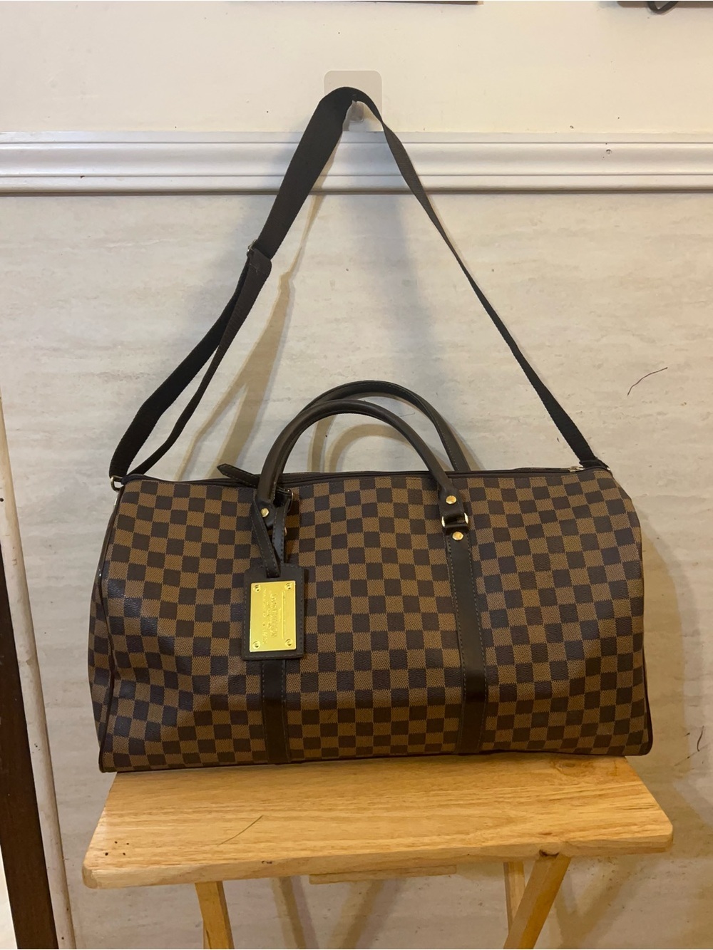 Designer Inspired Brown Checkered Travel Duffel